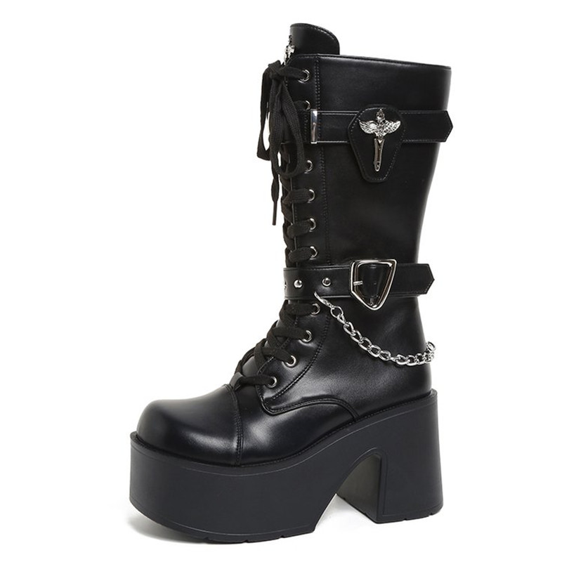 Motorcycle Chain - Bottes mi-mollet à plateforme gothique, à